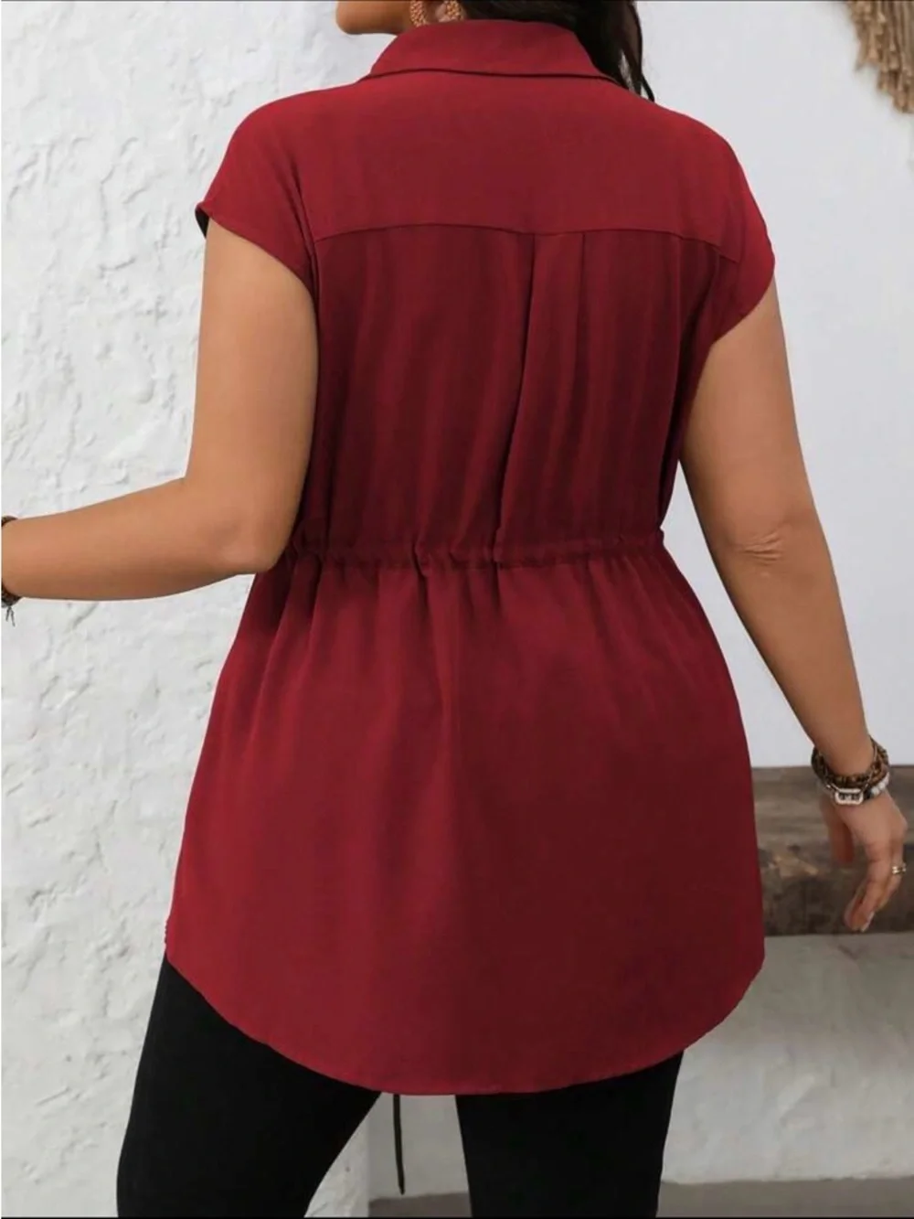Classic Collared Drawstring Tunic Top - Red - Picture 2 of 7